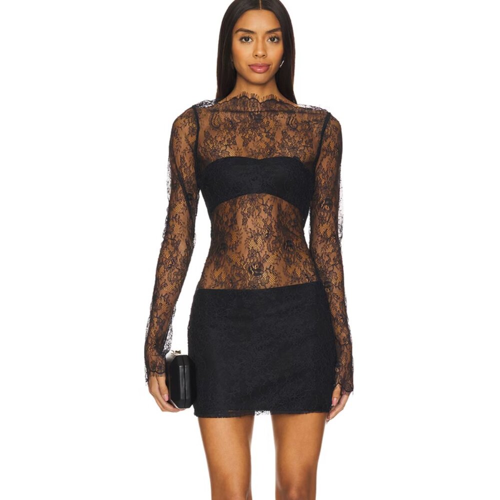 NEW Lovers and Friends Allegre Mini Dress in Black Lace Long Sleeve Small